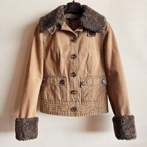 ZARA 100% Cotton Khaki Jacket with Removable Sherpa Collar & Cuffs, Size SMALL